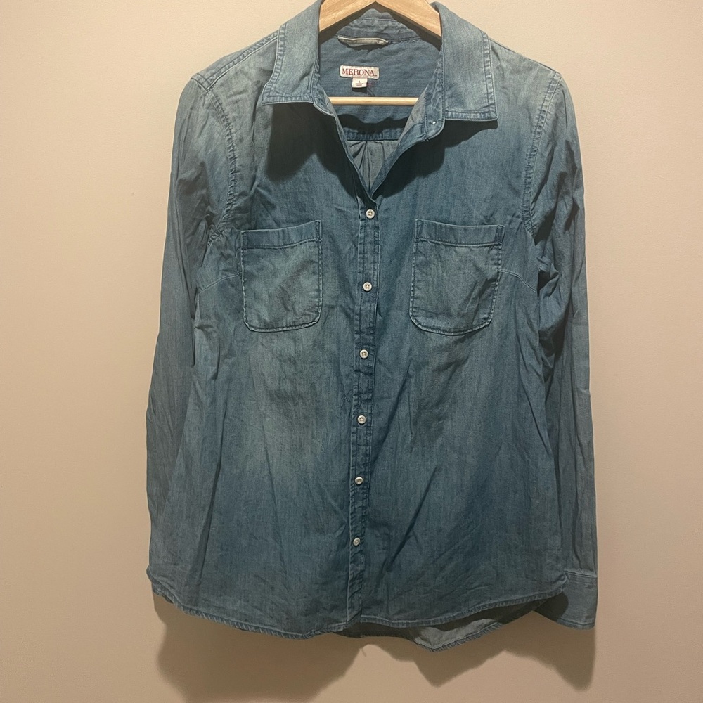 Merona Chambray Button-Up Shirt in Faded Blue
